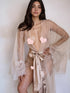 Luxury Champagne Sheer Tulle & Satin Robe Dress with Lace Bell Sleeves