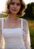 Minimalist Square Neck Wedding Dress with Sheer Embroidered Sleeves – Modern Bridal Elegance