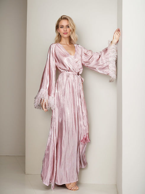Luxury Feather-Trimmed Satin Robe - Elegant Full-Length Lounge & Bridal Wear