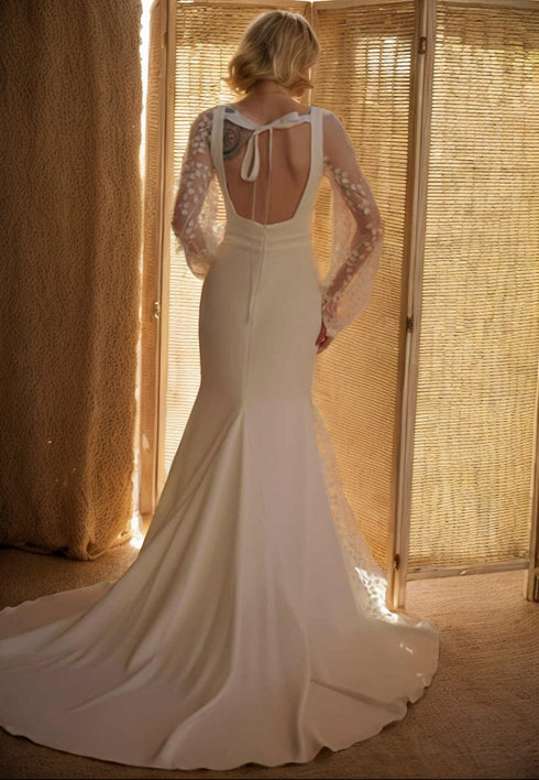 Minimalist Square Neck Wedding Dress with Sheer Embroidered Sleeves – Modern Bridal Elegance