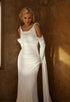 Minimalist Off-Shoulder Satin Wedding Gown with Detachable Sleeves and Elegant Train