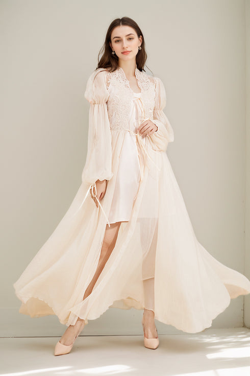 Boho Lace Embroidered Long Sheer Robe Set with Camisole Dress