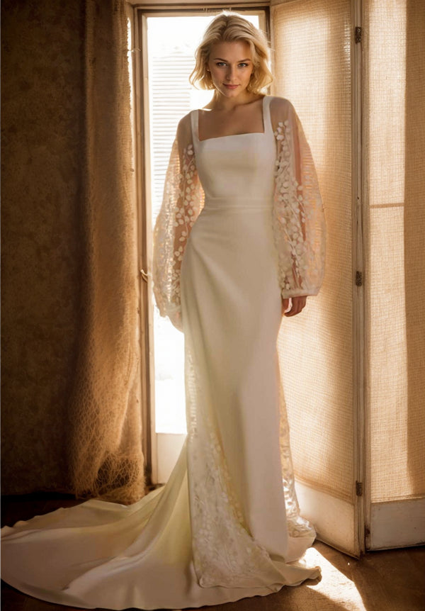 Minimalist Square Neck Wedding Dress with Sheer Embroidered Sleeves – Modern Bridal Elegance