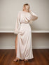 Luxury Feather-Trimmed Satin Robe - Elegant Full-Length Lounge & Bridal Wear