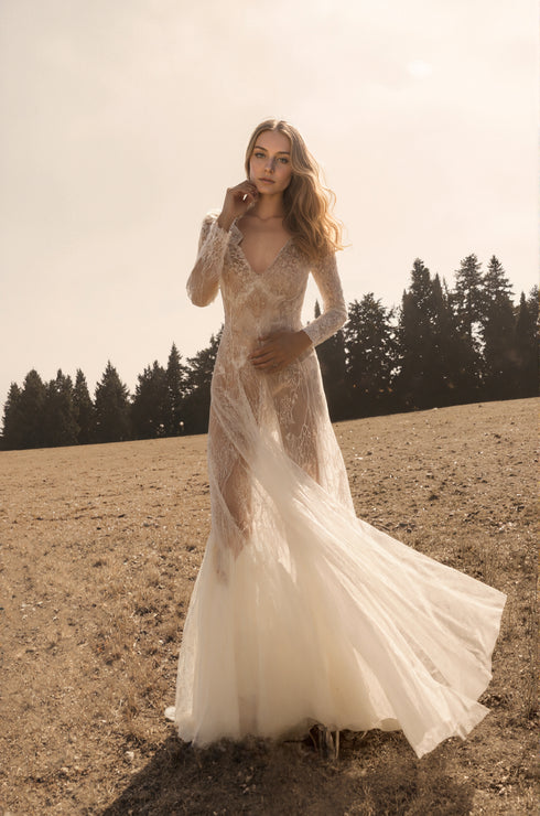 Luxury Long Sleeve Lace Sheer Robe Dress | Bridal Getting Ready & Boudoir Gown