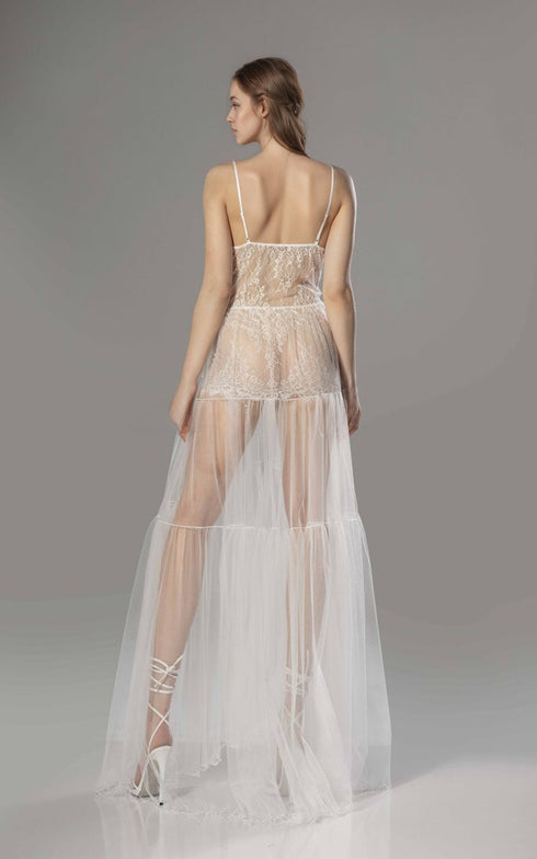 Luxury Sheer Lace Tulle Long Robe with Puff Sleeves | Bridal Boudoir Getting Ready Gown