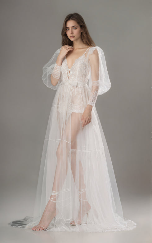 Luxury Sheer Lace Tulle Long Robe with Puff Sleeves | Bridal Boudoir Getting Ready Gown