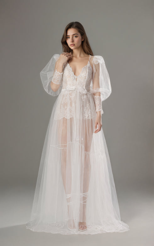 Luxury Sheer Lace Tulle Long Robe with Puff Sleeves | Bridal Boudoir Getting Ready Gown