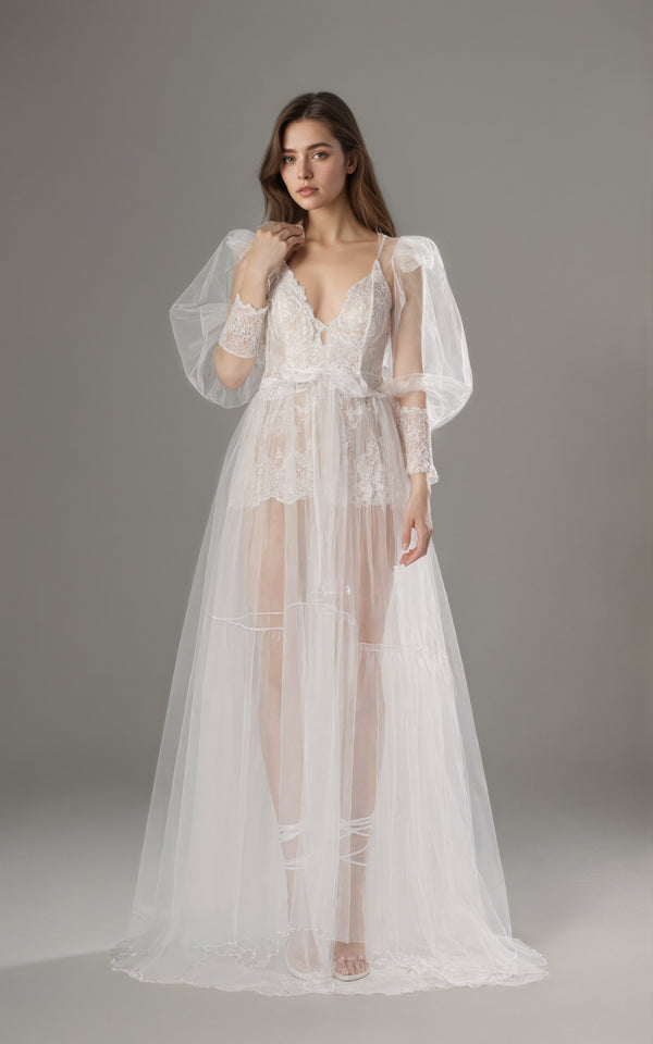 Luxury Sheer Lace Tulle Long Robe with Puff Sleeves | Bridal Boudoir Getting Ready Gown