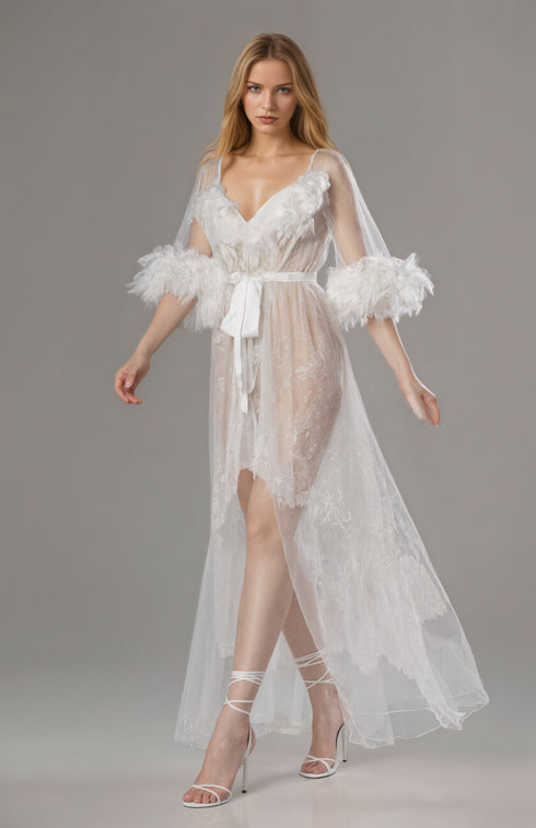 Luxury White Turkey Feather Lace Sheer Robe Dress Set | Bridal Getting Ready Gown