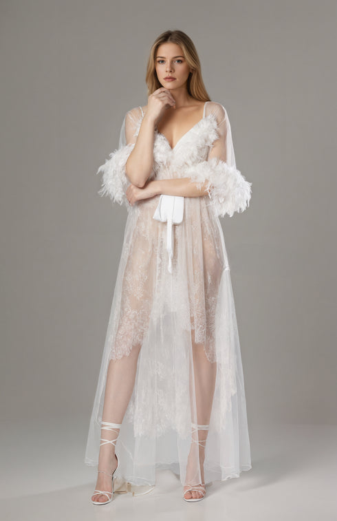 Luxury White Turkey Feather Lace Sheer Robe Dress Set | Bridal Getting Ready Gown