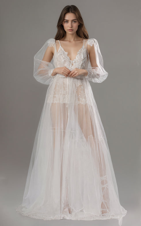 Luxury Sheer Lace Tulle Long Robe with Puff Sleeves | Bridal Boudoir Getting Ready Gown