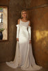 Minimalist Off-Shoulder Satin Wedding Gown with Detachable Sleeves and Elegant Train