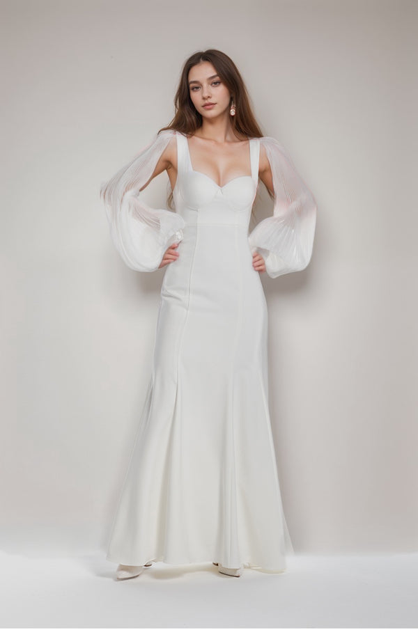 Ethereal Sculpted Bust Mermaid Gown with Sheer Balloon Sleeves