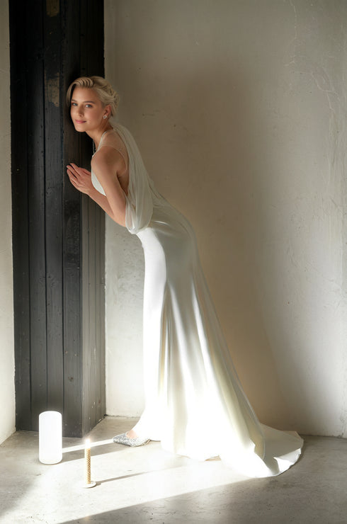 Minimalist One-Shoulder Silky Satin Wedding Dress with Draped Back