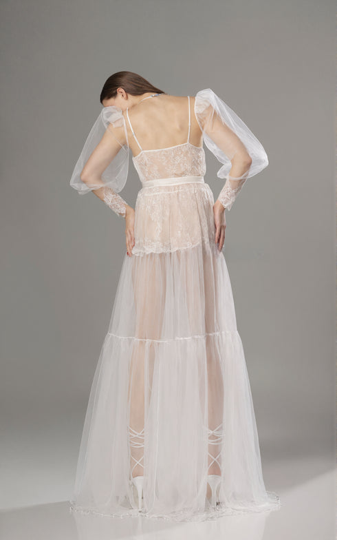 Luxury Sheer Lace Tulle Long Robe with Puff Sleeves | Bridal Boudoir Getting Ready Gown