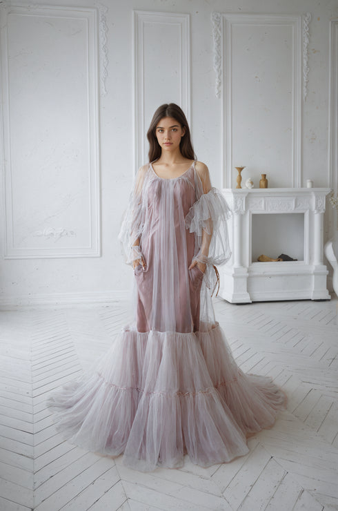 Luxury 3 colors Layered Tulle Sheer Robe Dress | Couture Ruffle Boudoir Robe Set
