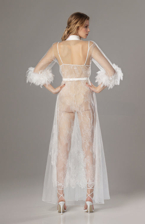 Luxury White Turkey Feather Lace Sheer Robe Dress Set | Bridal Getting Ready Gown