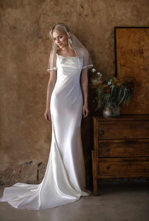 Romantic Draped Cowl Neck Satin Wedding Dress with Low Back and Train