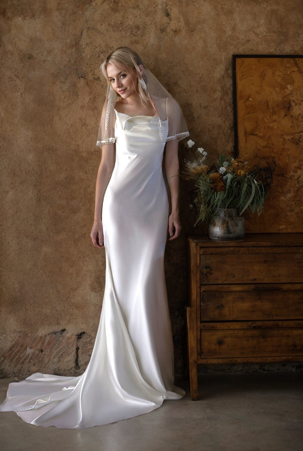 Romantic Draped Cowl Neck Satin Wedding Dress with Low Back and Train