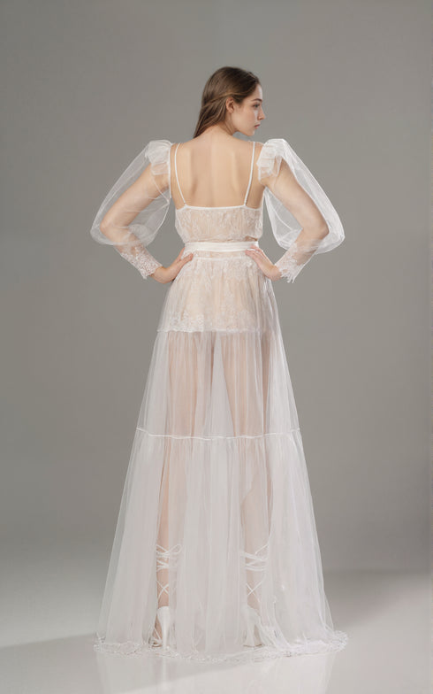 Luxury Sheer Lace Tulle Long Robe with Puff Sleeves | Bridal Boudoir Getting Ready Gown
