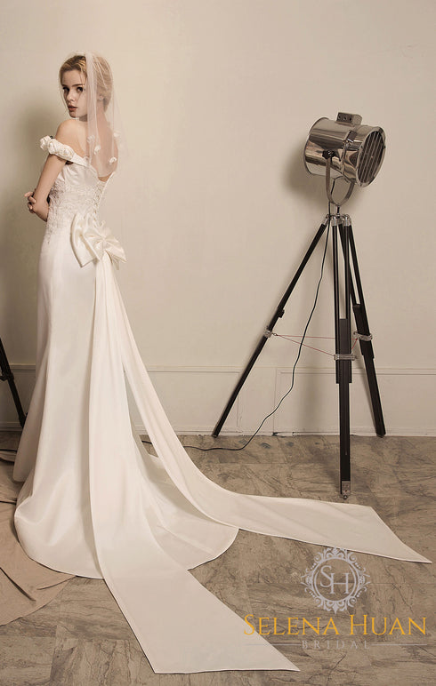 Rose Manor - Beaded Floral lace off-the-shoulder mermaid soft silky satin prom dress colored wedding dress