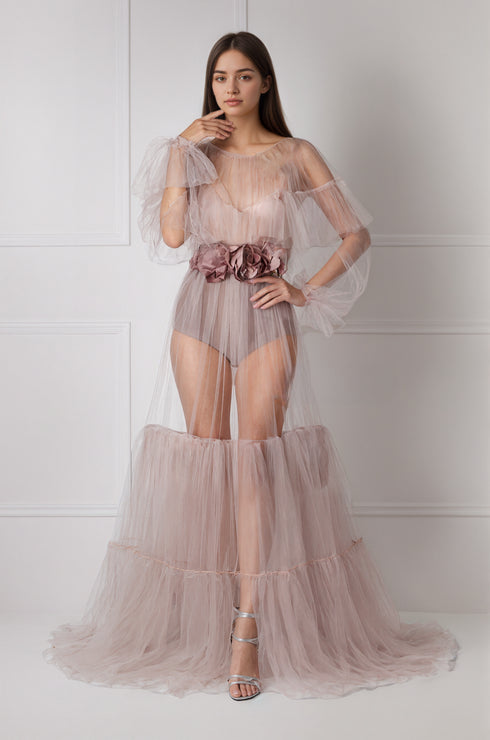 Luxury 3 colors Layered Tulle Sheer Robe Dress | Couture Ruffle Boudoir Robe Set