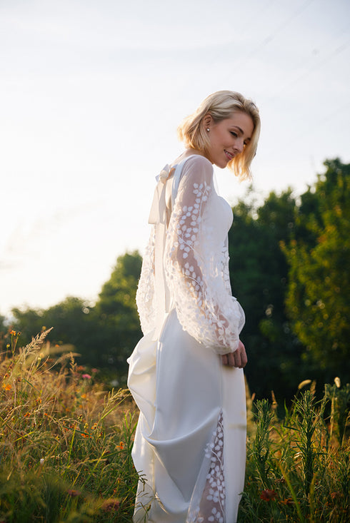 Minimalist Square Neck Wedding Dress with Sheer Embroidered Sleeves – Modern Bridal Elegance