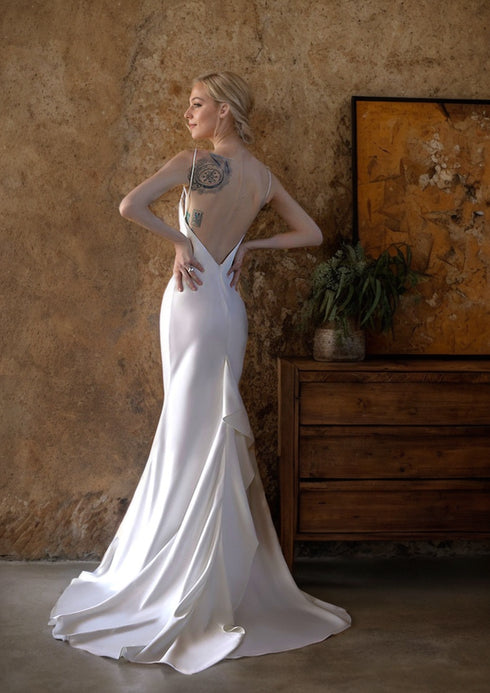 Romantic Draped Cowl Neck Satin Wedding Dress with Low Back and Train