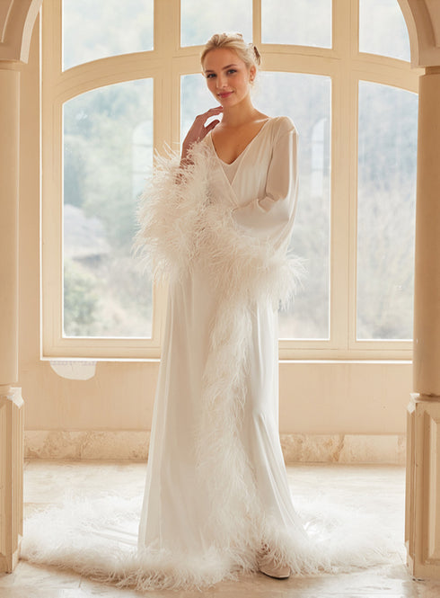 Luxury Thick Ostrich Feather Floor-Length Satin Robe with Train – Elegant Bridal Loungewear
