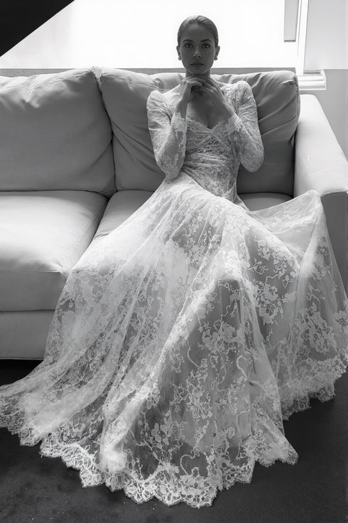 Luxury Long Sleeve Lace Sheer Robe Dress | Bridal Getting Ready & Boudoir Gown
