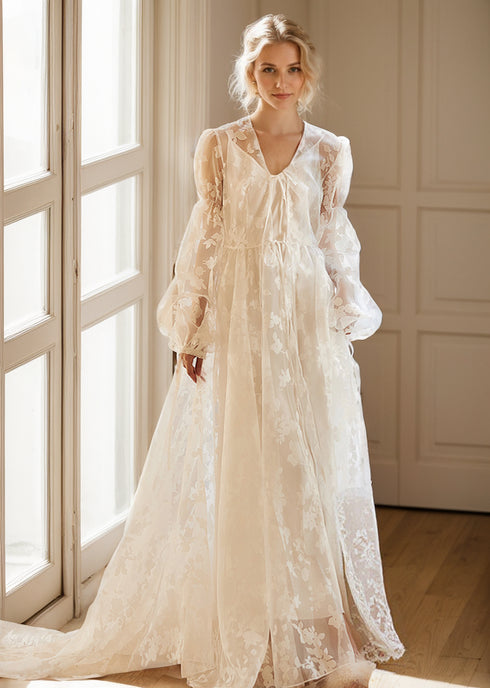 Ethereal Lace Long-Sleeve Sheer Bridal Robe Dress with Train