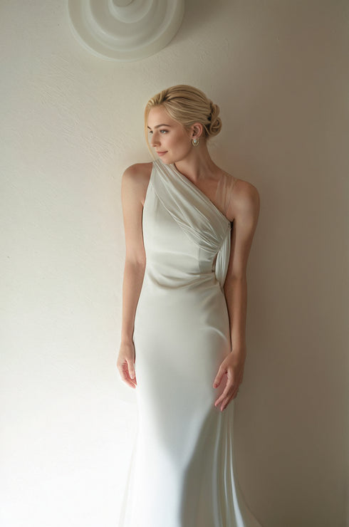 Minimalist One-Shoulder Silky Satin Wedding Dress with Draped Back