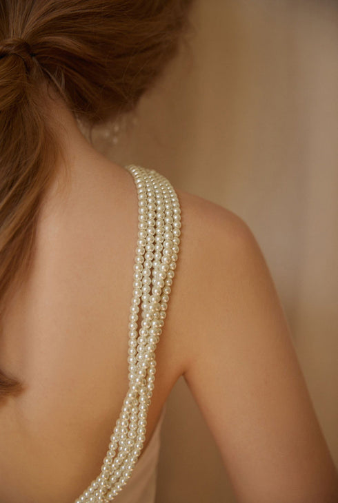 Pearl Strap Halter Satin Wedding Dress with Dramatic Back Bow and Train