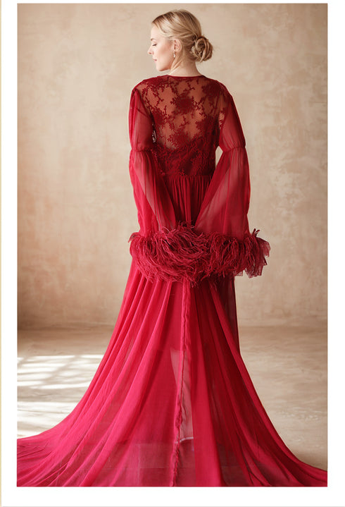 Ethereal Lace & Feather-Trimmed Sheer Bridal Robe – Vintage Luxury Loungewear