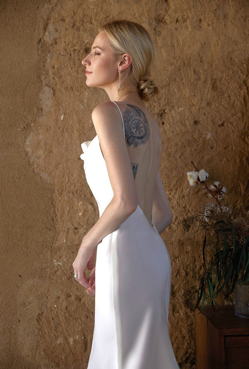 Romantic Draped Cowl Neck Satin Wedding Dress with Low Back and Train
