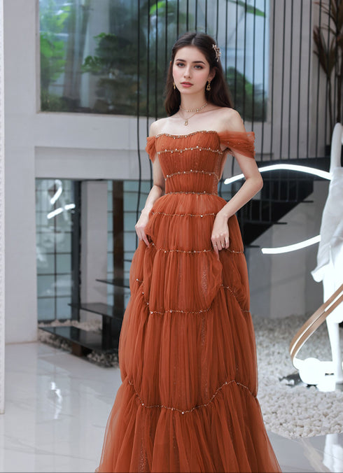 Tiered Tulle Off-Shoulder Gown with Crystal Beading