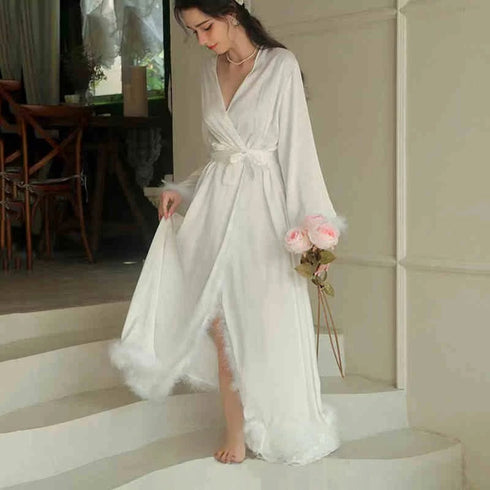 Elegant Satin Feather-Trimmed Robe & Nightdress Set - Luxury Bridal & Lounge Wear