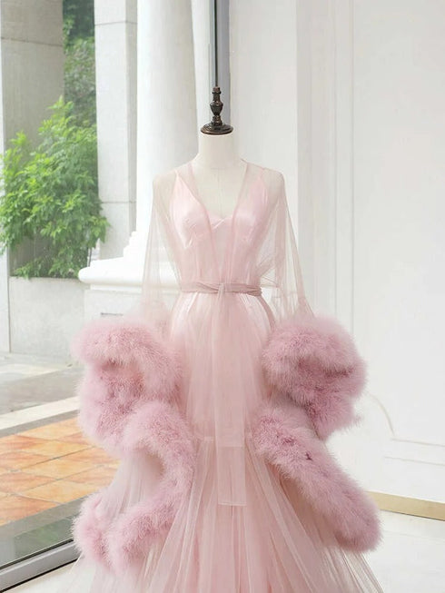 Elegant 1-Layer Thick Turkey Feather Fringe Hem Long Tulle Robe with Nightgown