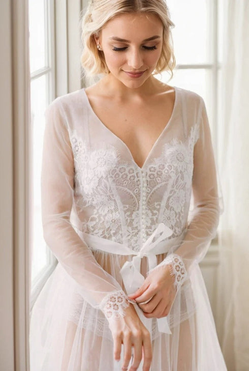 Elegant Sheer Lace Bridal Robe – Long-Sleeve See-Through Lingerie Gown
