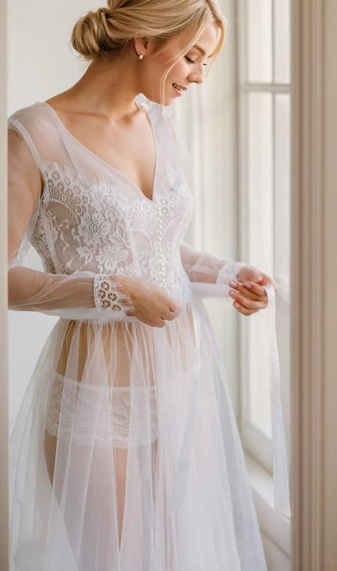 Elegant Sheer Lace Bridal Robe – Long-Sleeve See-Through Lingerie Gown