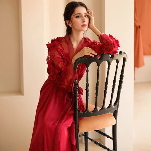 3D Floral Appliqué Sheer Sleeve Satin Robe – Wine Red or Ivory White