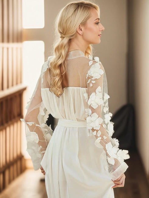 3D Floral Appliqué Sheer Sleeve Satin Robe – Wine Red or Ivory White