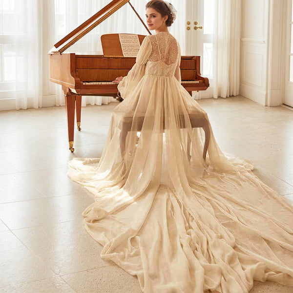 Boho Lace Embroidered Long Sheer Robe Set with Camisole Dress