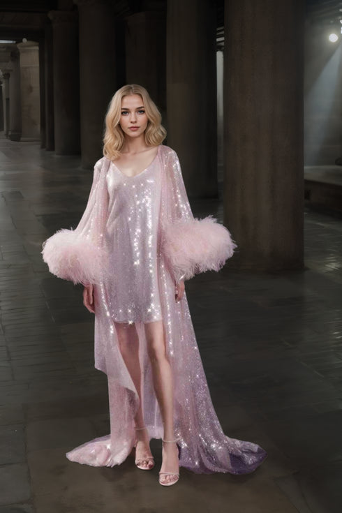 Ostrich Feather sequin mesh long robe dress with sequin nightgown pink ivory-size S-2XL next day shipping