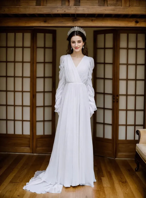 Timeless Chiffon Long Sleeve Wedding Gown with Draped Sleeves and Deep V Back