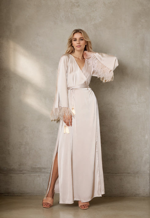Luxury Feather-Trimmed Satin Robe - Elegant Full-Length Lounge & Bridal Wear
