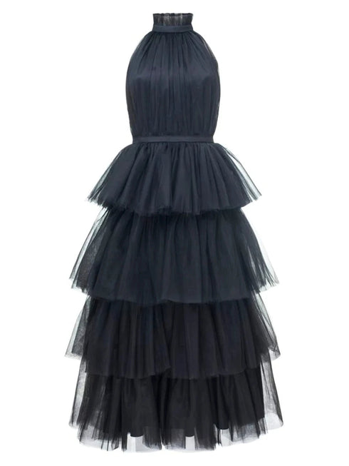 Ruffle Layered tulle Hem Haltered A-line tutu French style long prom dress
