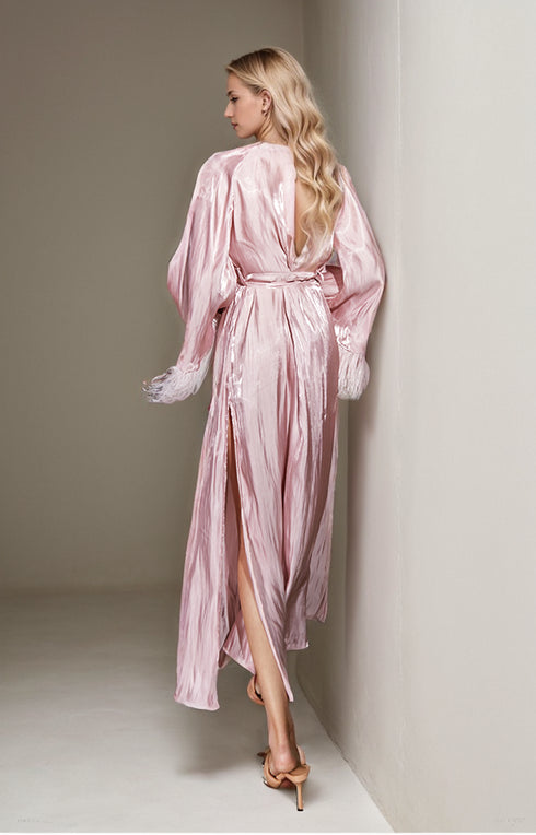 Luxury Feather-Trimmed Satin Robe - Elegant Full-Length Lounge & Bridal Wear