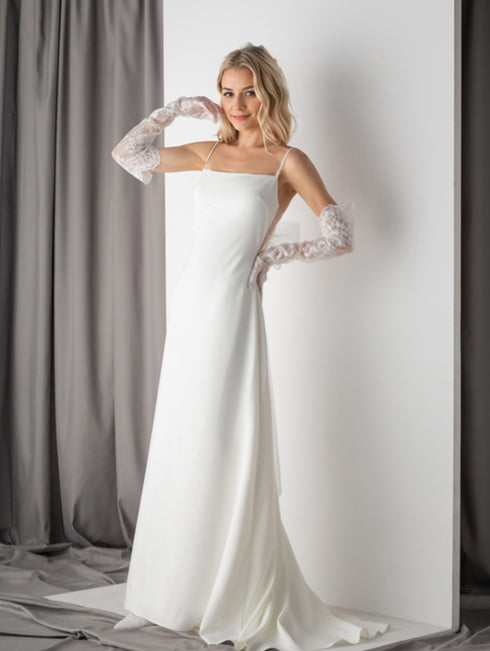 Minimalist Satin Wedding Dress with Delicate Bow Back & Sheer Gloves